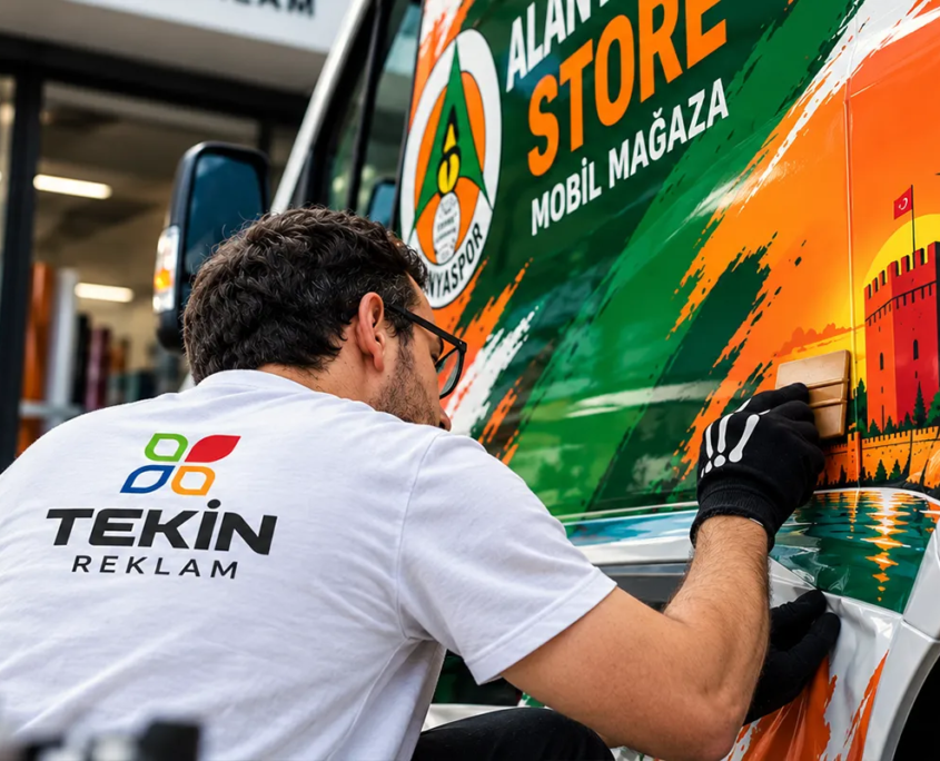 Araç Giydirme Uygulamaları Tekin Reklam çalışanı, Alanyaspor temalı reklam kaplamasını bir araca uyguluyor